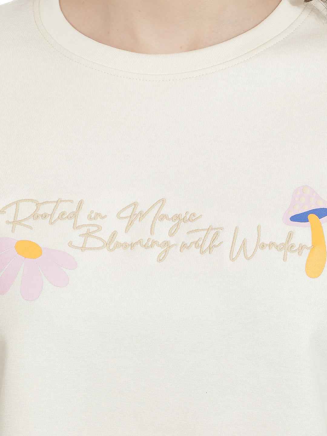 Beige Typographic Printed Crop Oversize T-Shirt