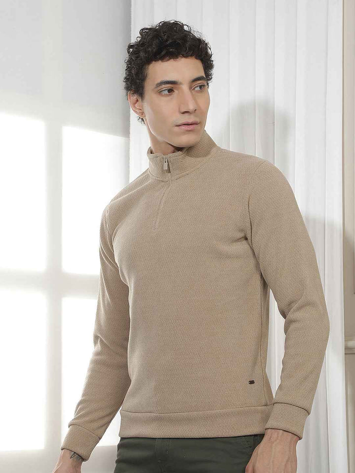 Beige Jacquard High Neck Sweatshirt