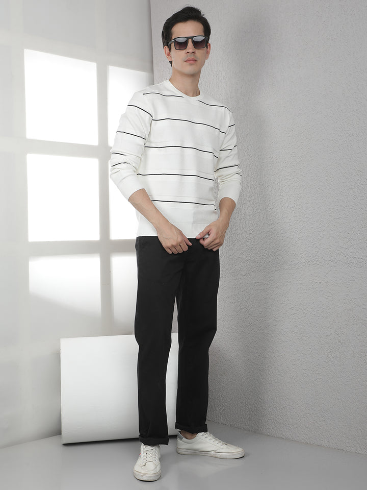 White Horizontal Stripes Round Neck Sweater