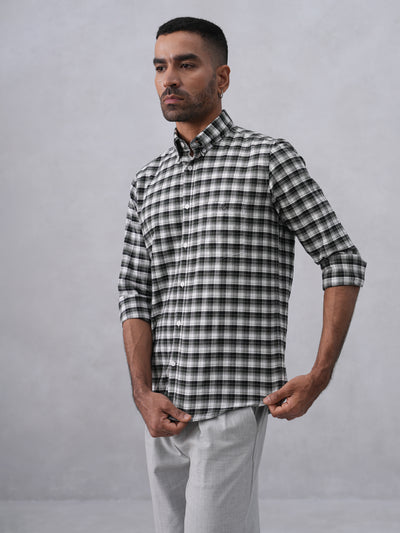 Green Checked 100% Cotton Button-Down Collar Shirt