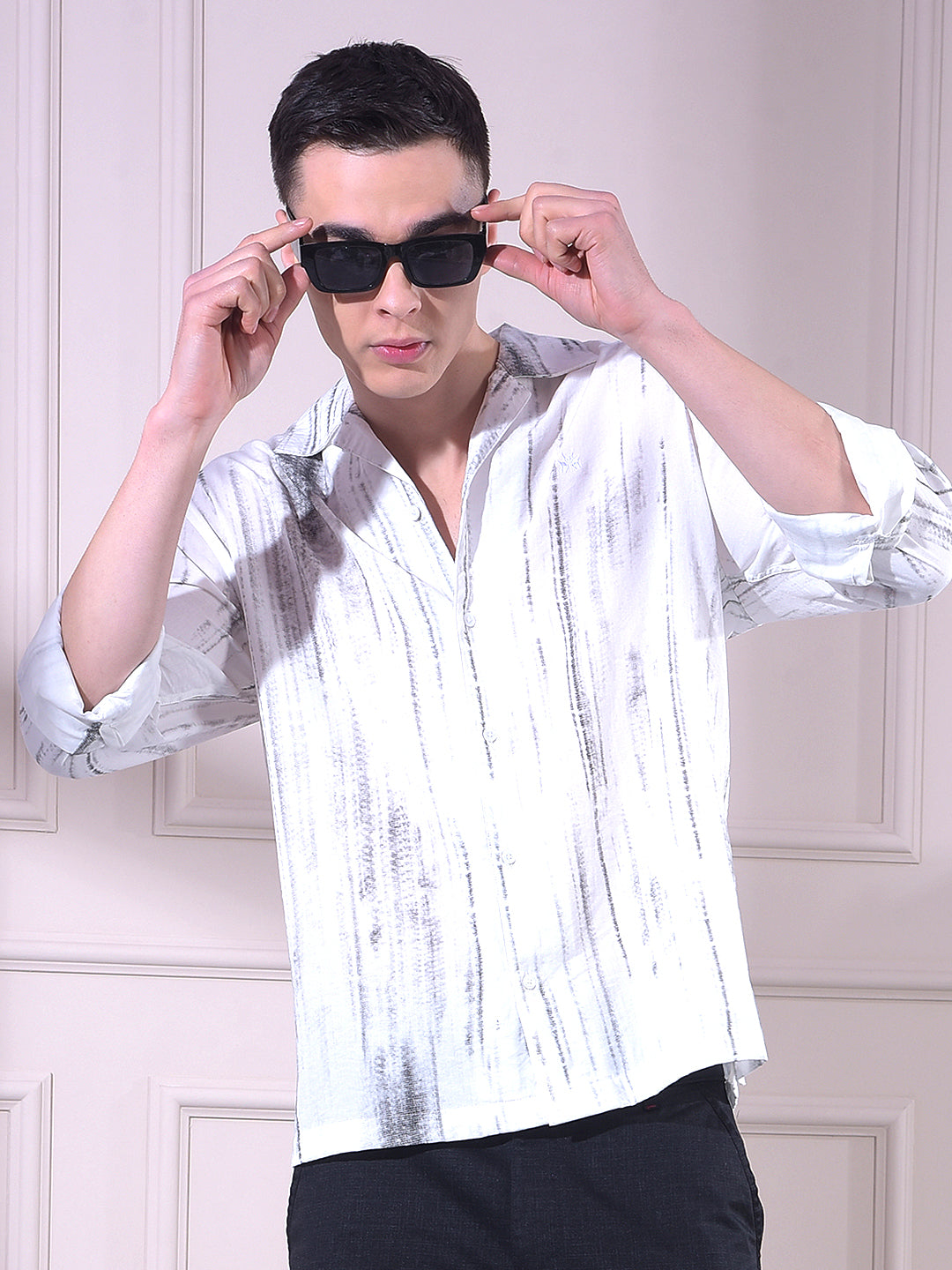 Grey Linen Printed Resort Collar Shirt
