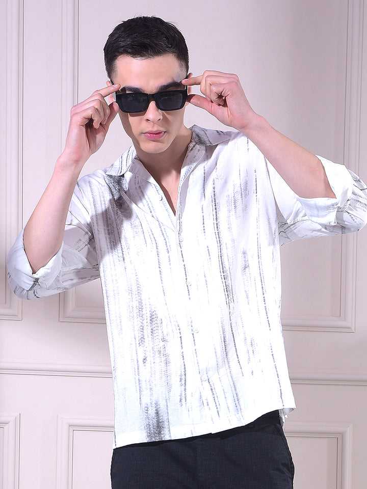 Grey Linen Printed Resort Collar Shirt
