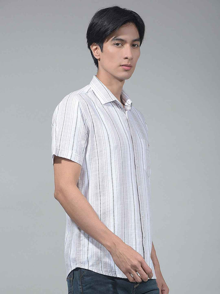 Beige Vertical Striped 100% Cotton Shirt