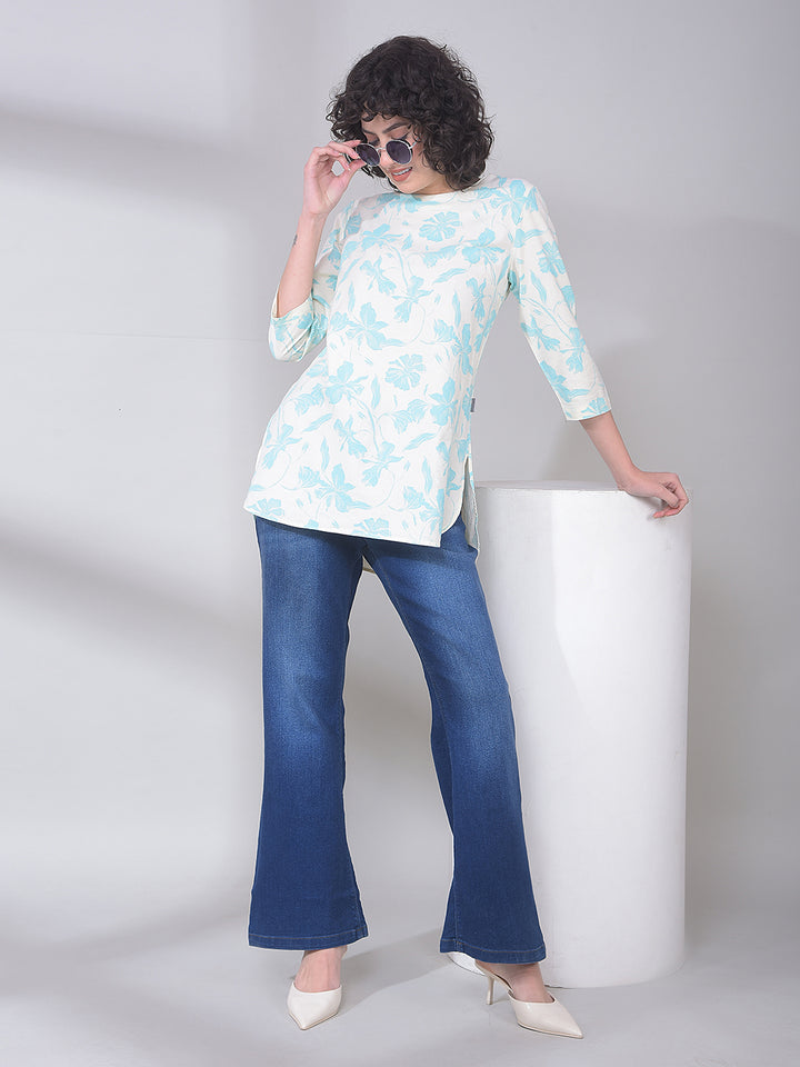 Blue Floral Print Linen Top