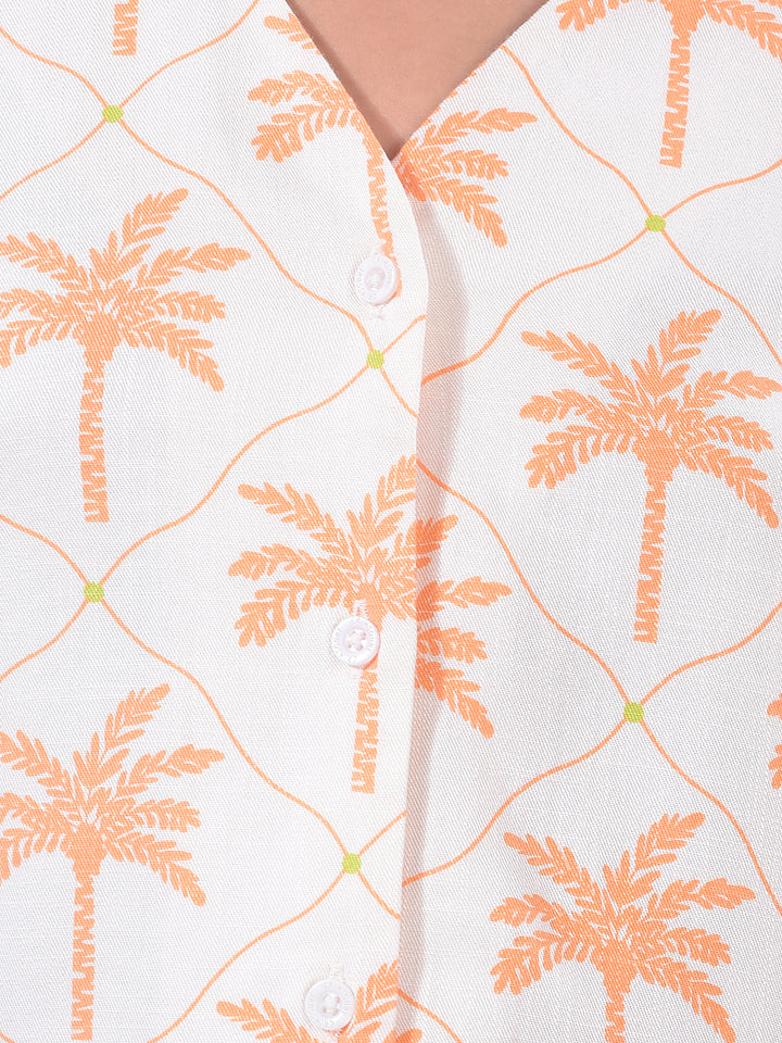 Orange Floral Print V-Neck Shirt