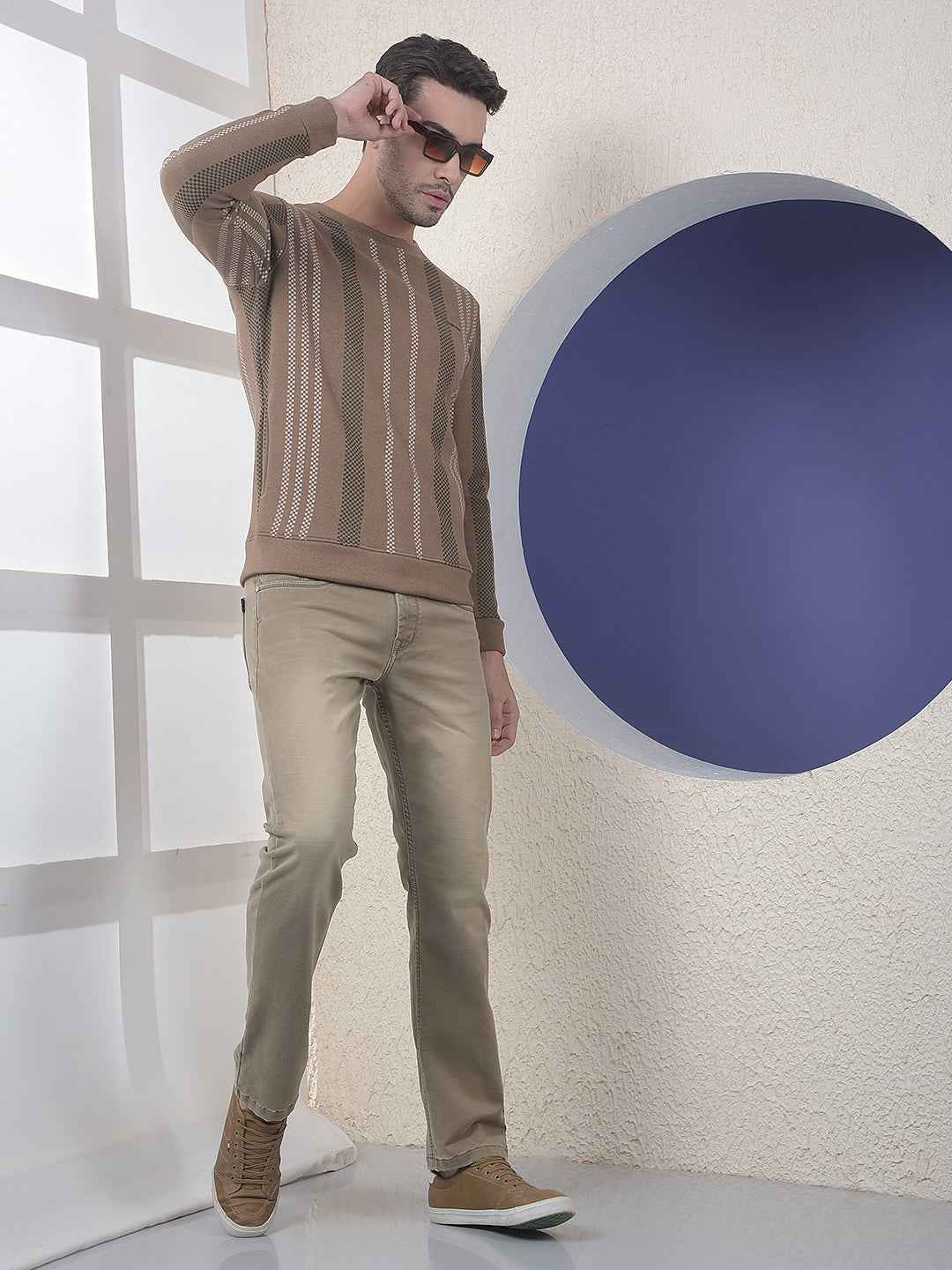 Brown Vertical Striped Round Neck Sweatshirt