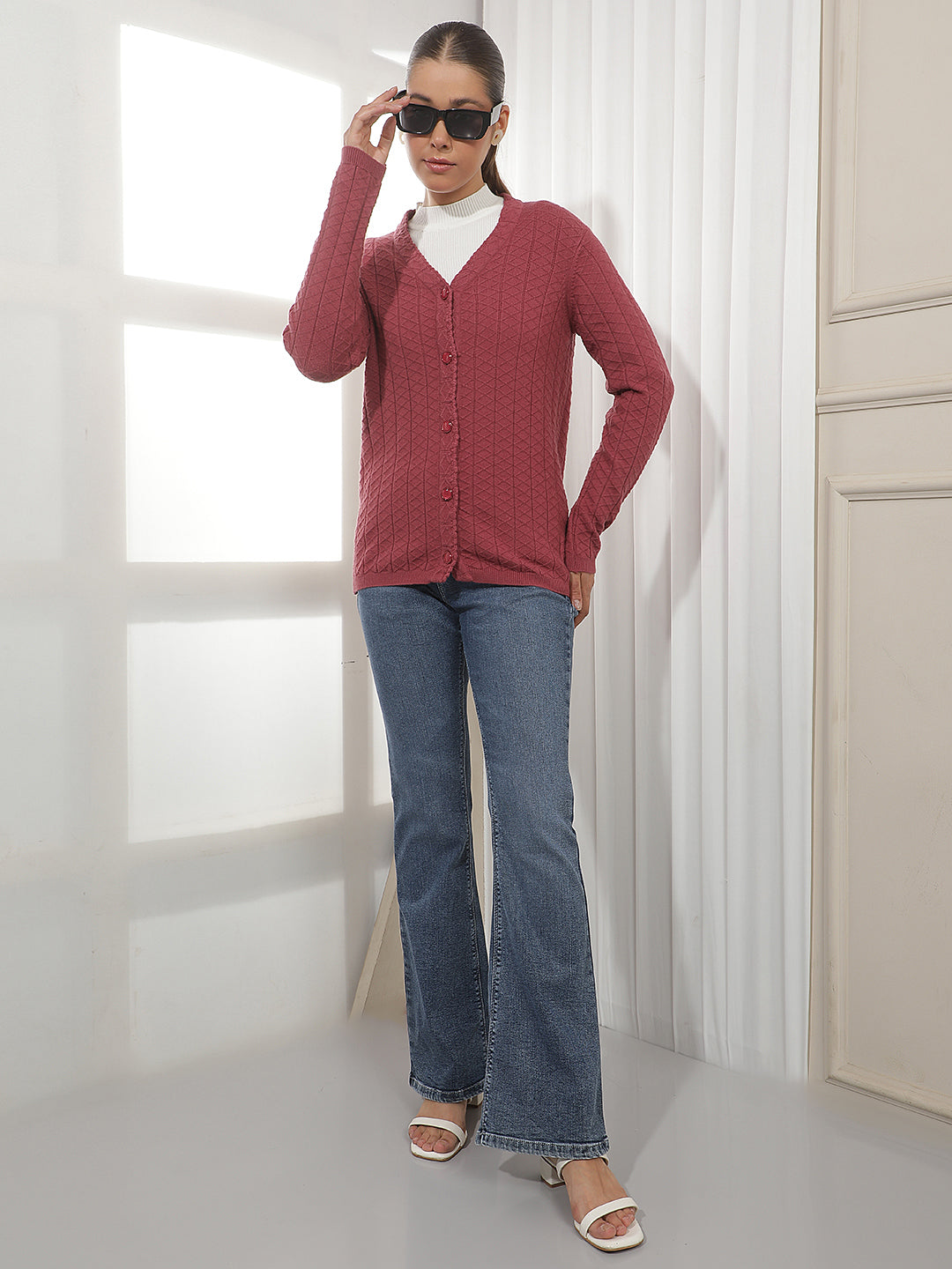 Red Jacquard V-Neck Cardigan