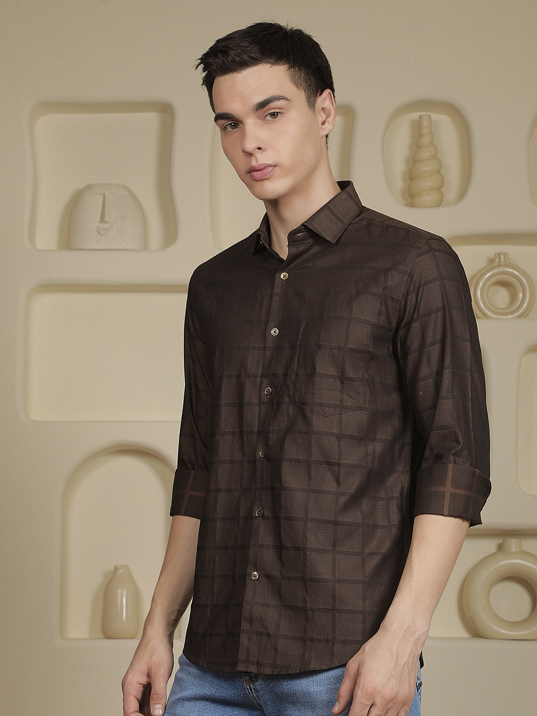 Brown Checked 100% Cotton Shirt