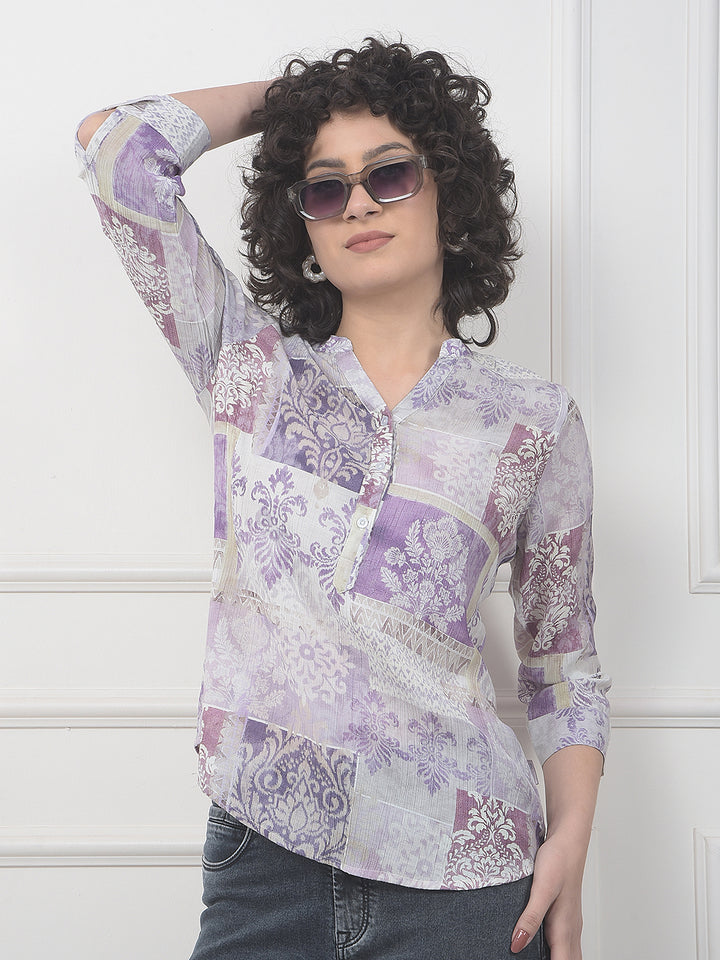 Purple Floral Print V-Neck Top