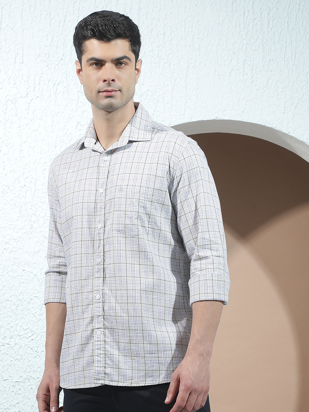 Beige 100% Cotton Checked Shirt