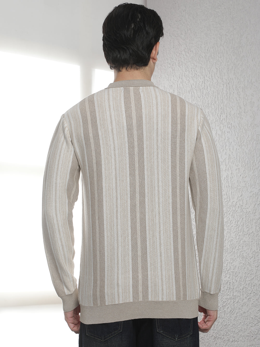 Beige 100% Cotton Verical Stripes Polo Neck Sweater