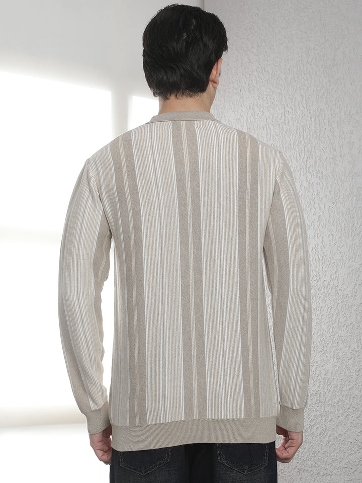 Beige 100% Cotton Verical Stripes Polo Neck Sweater