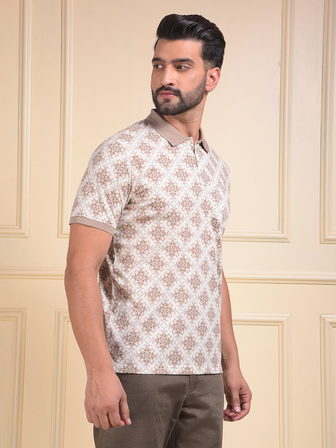 Brown Printed Polo Neck T-Shirt