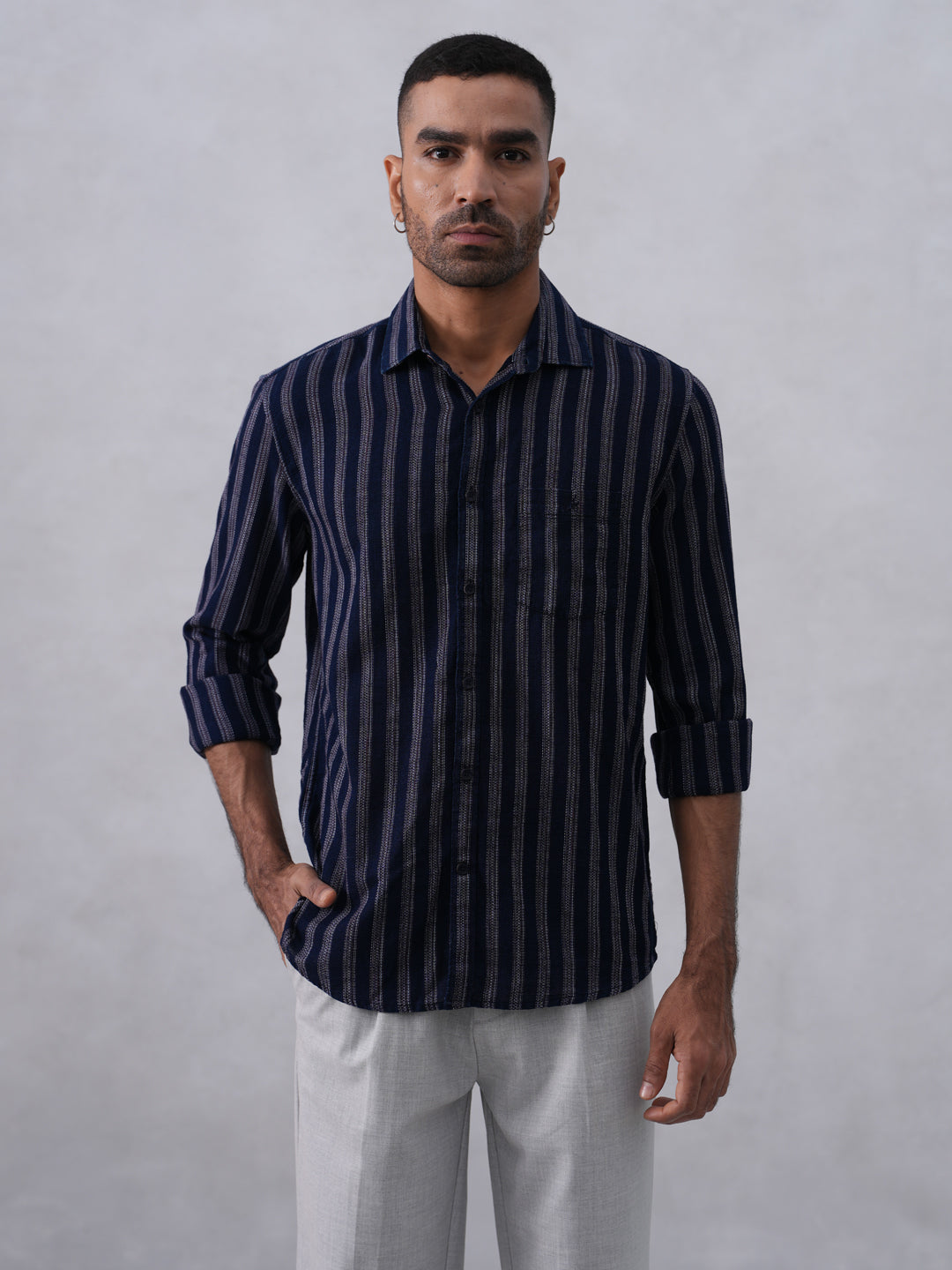 Navy Blue Vertical Stripes 100% Cotton Shirt