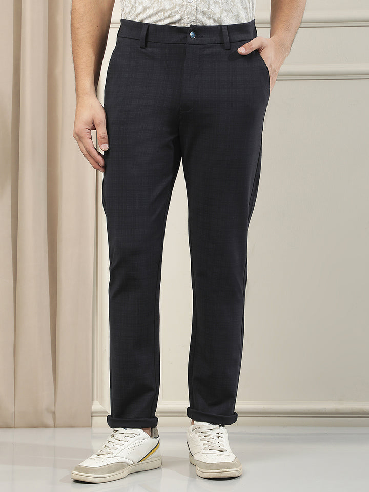 Navy Blue Checked Knitted Trousers