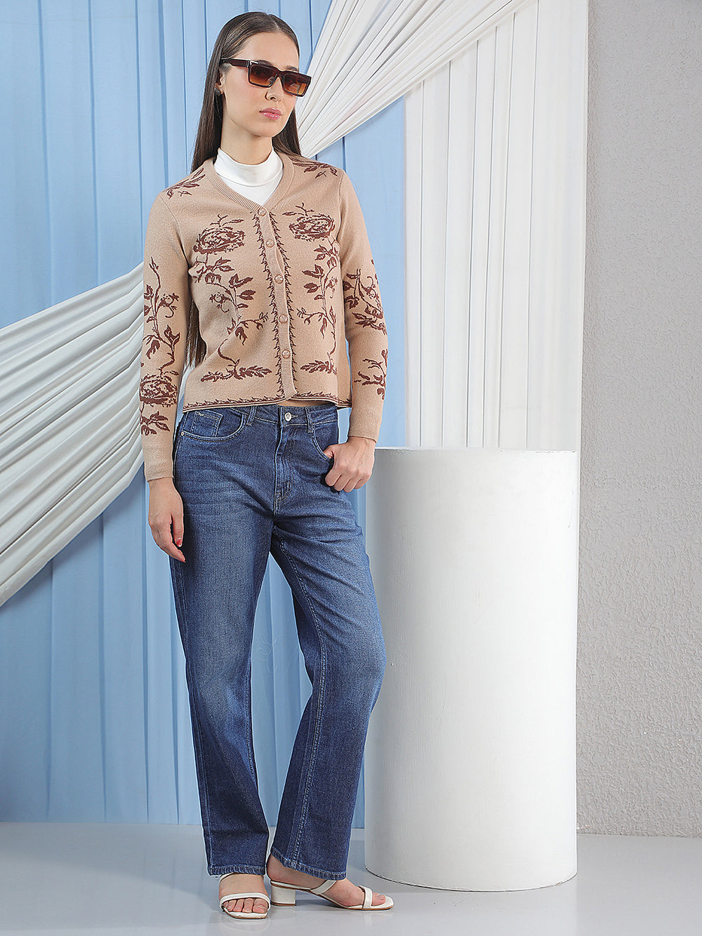 Beige Floral Print V-neck Cardigan