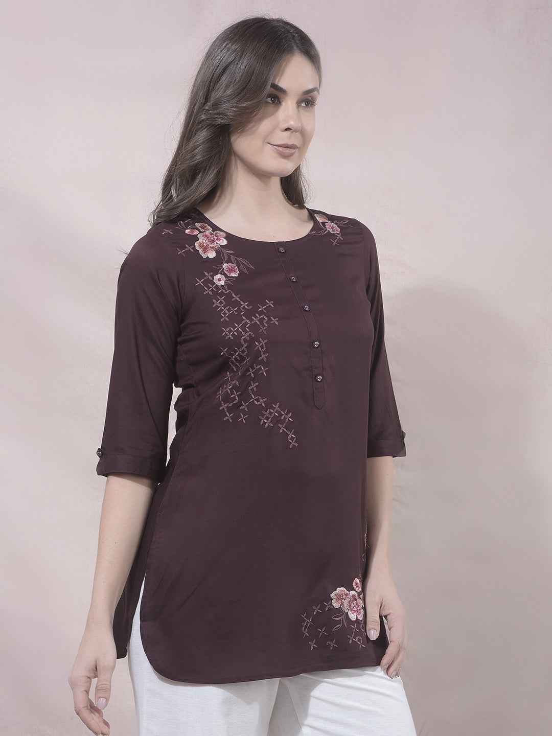 Wine Floral Embroidered Top