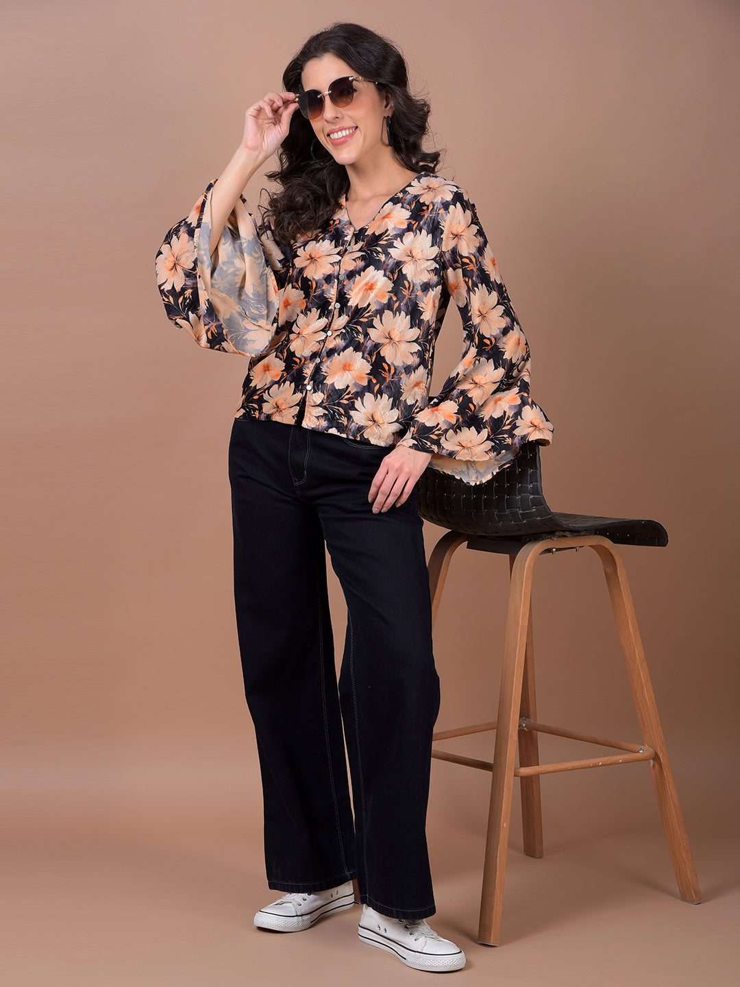 Peach Floral Print V-Neck Top