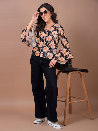 Peach Floral Print V-Neck Top
