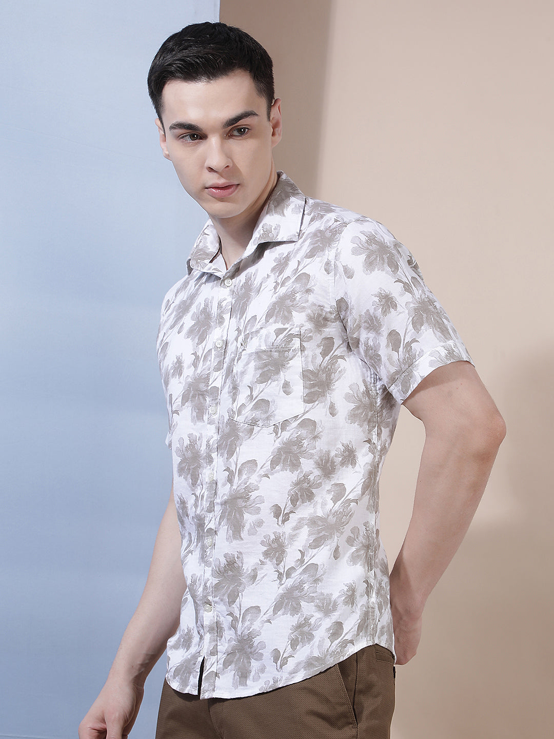Beige 100% Cotton Floral Printed Shirt