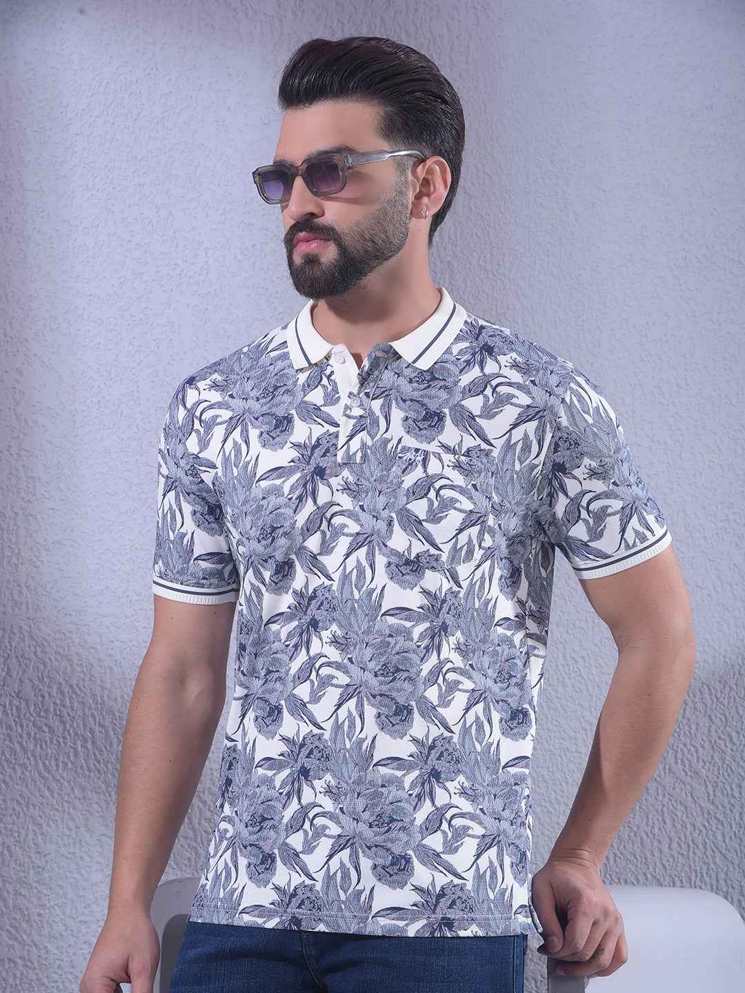 Blue Floral Print Polo Neck T-Shirt