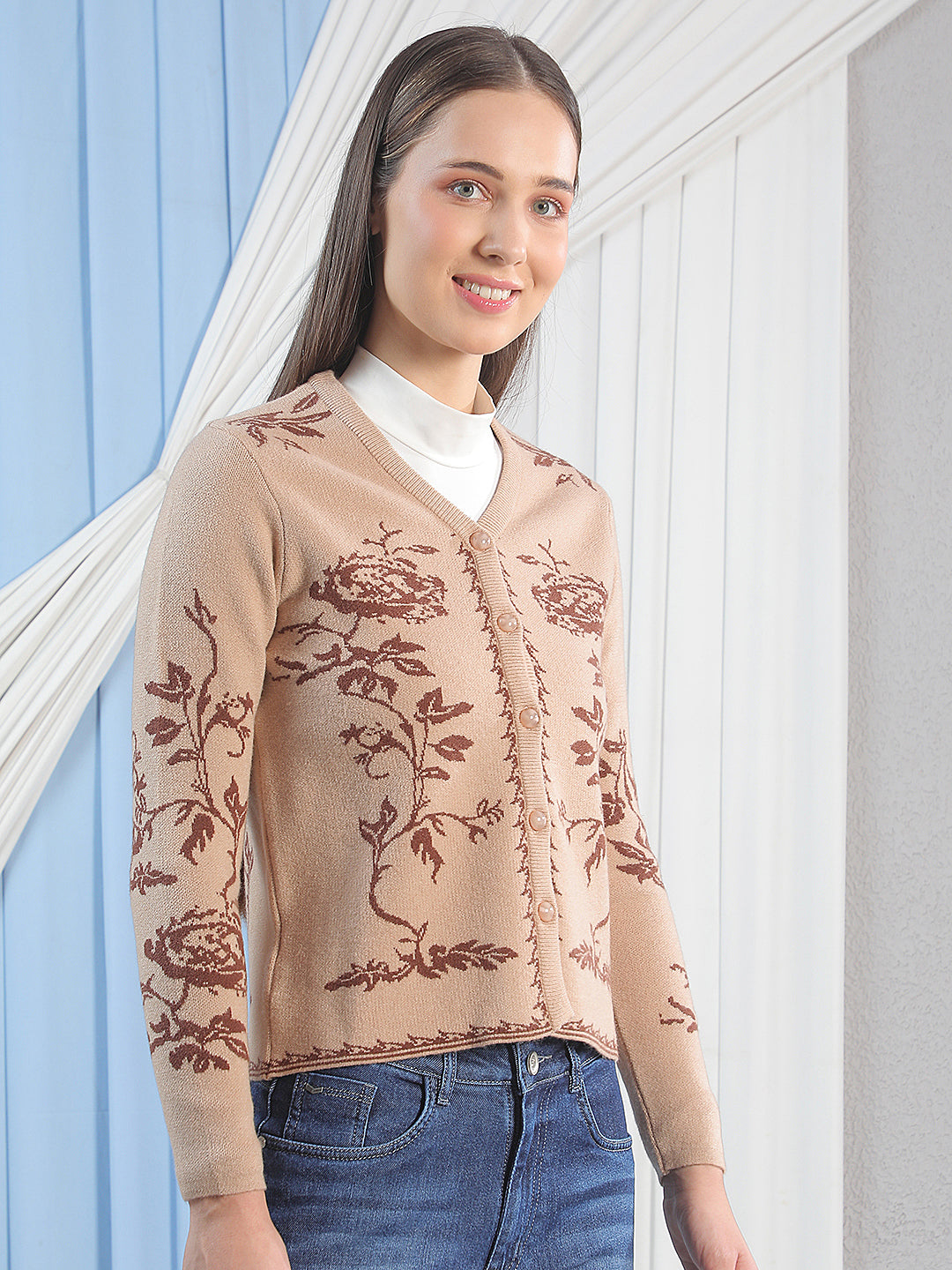 Beige Floral Print V-neck Cardigan