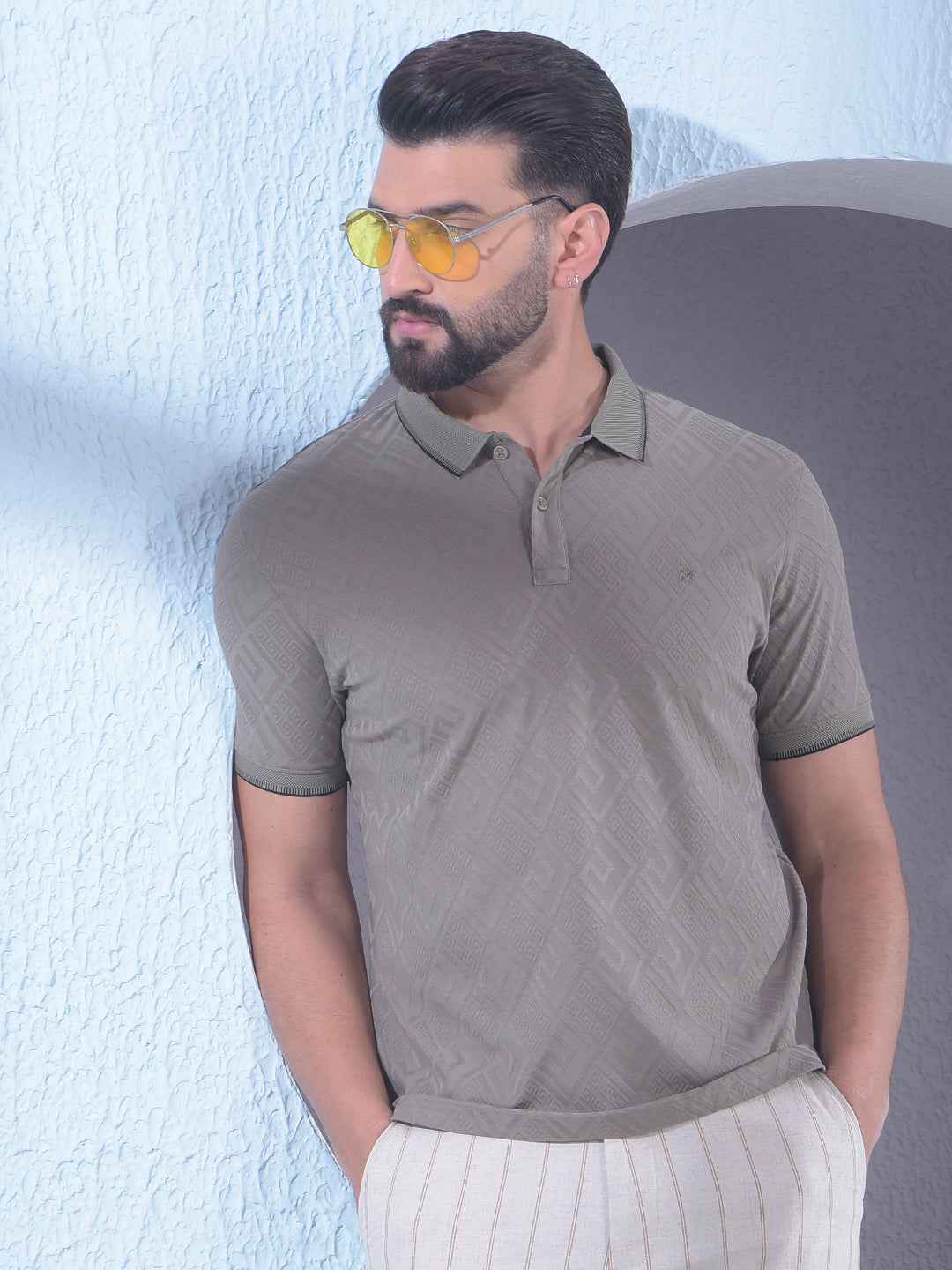 Olive Jacquard Polo Neck T-Shirt