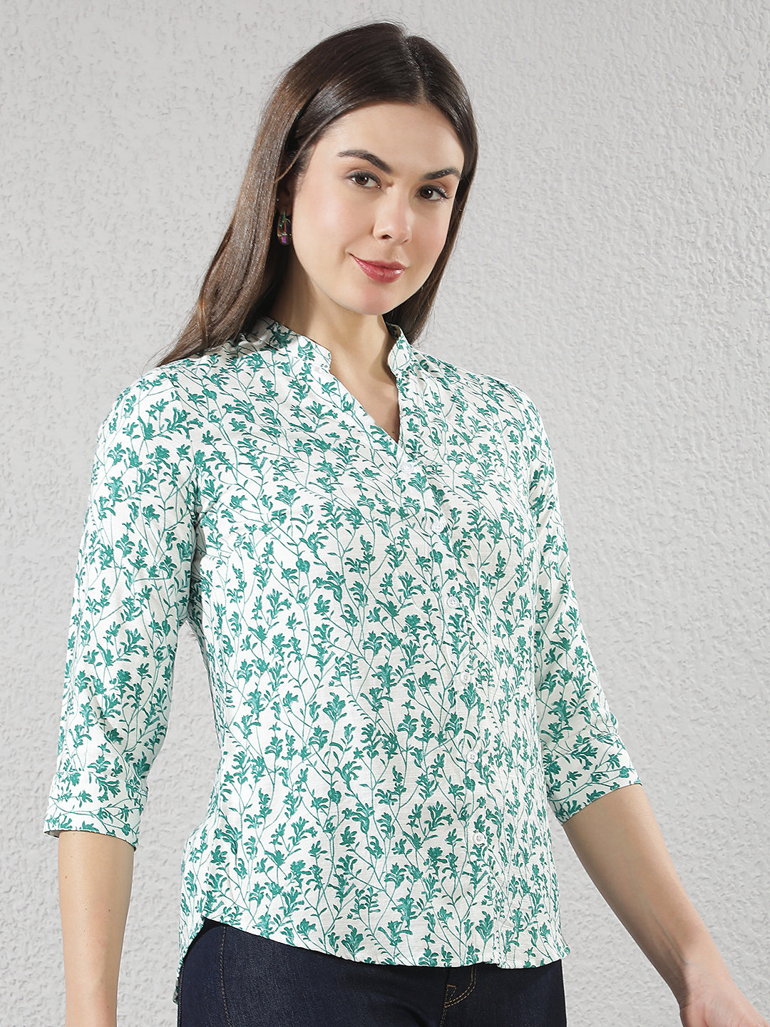 Green Floral Print V-Neck Shirt