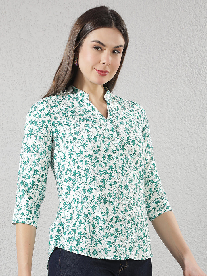 Green Floral Print V-Neck Shirt