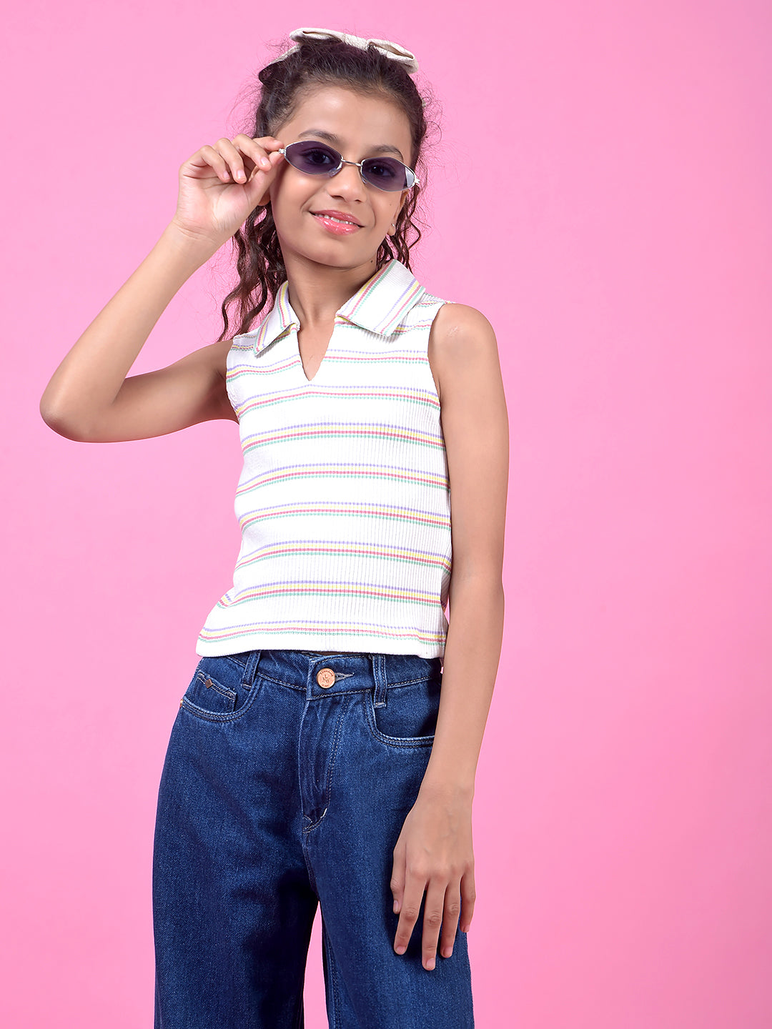 White Horizontal Stripes V-Neck Sleeveless Cropped T-Shirt