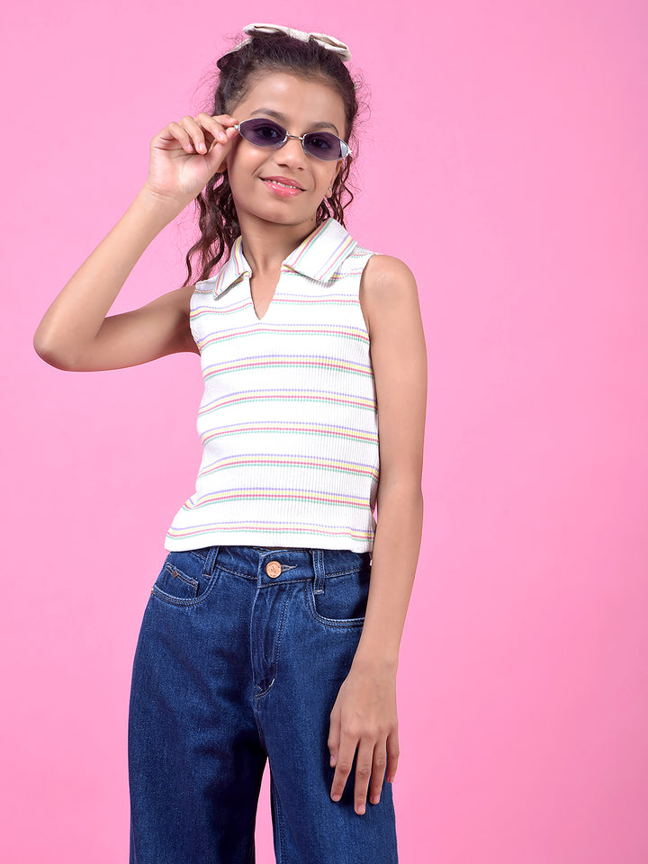 White Horizontal Stripes V-Neck Sleeveless Cropped T-Shirt