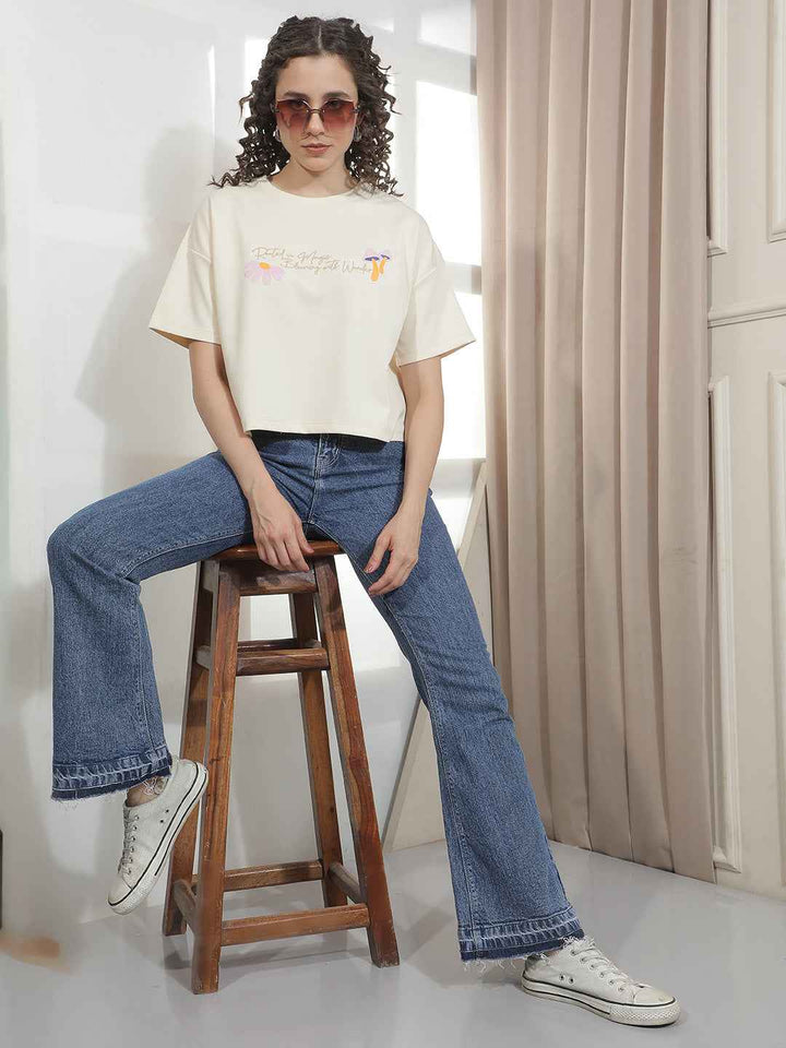 Beige Typographic Printed Crop Oversize T-Shirt