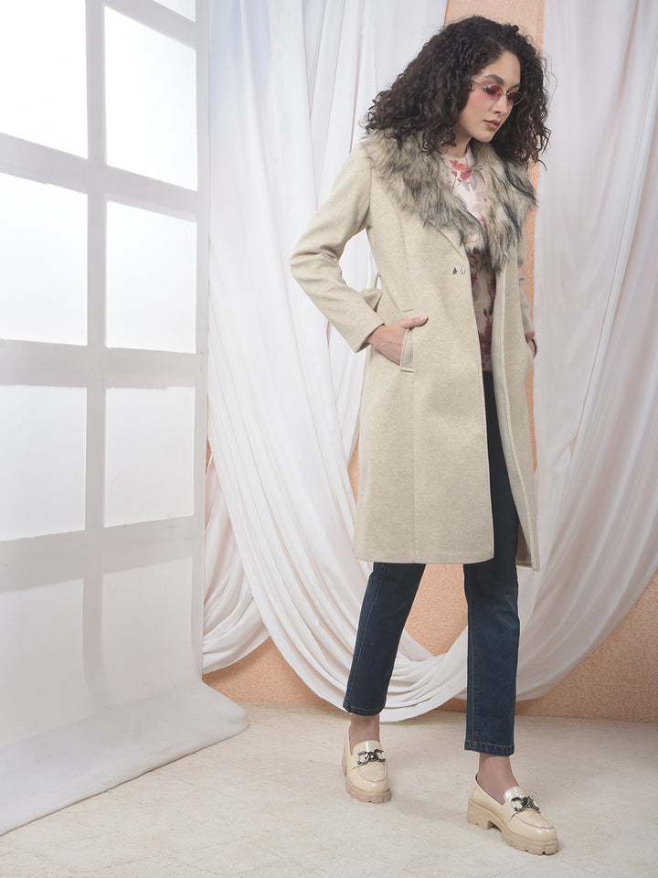 Faux Fur Trim Beige Belted Over-Coat