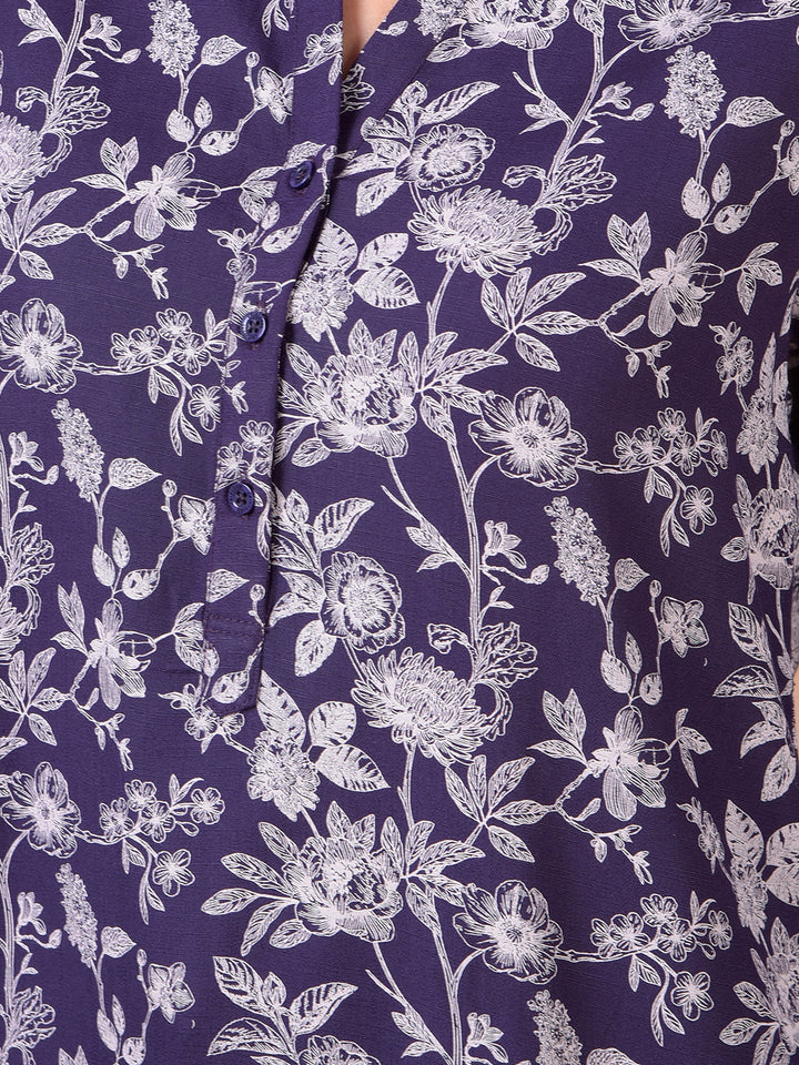 Purple Floral Print V-Neck Top