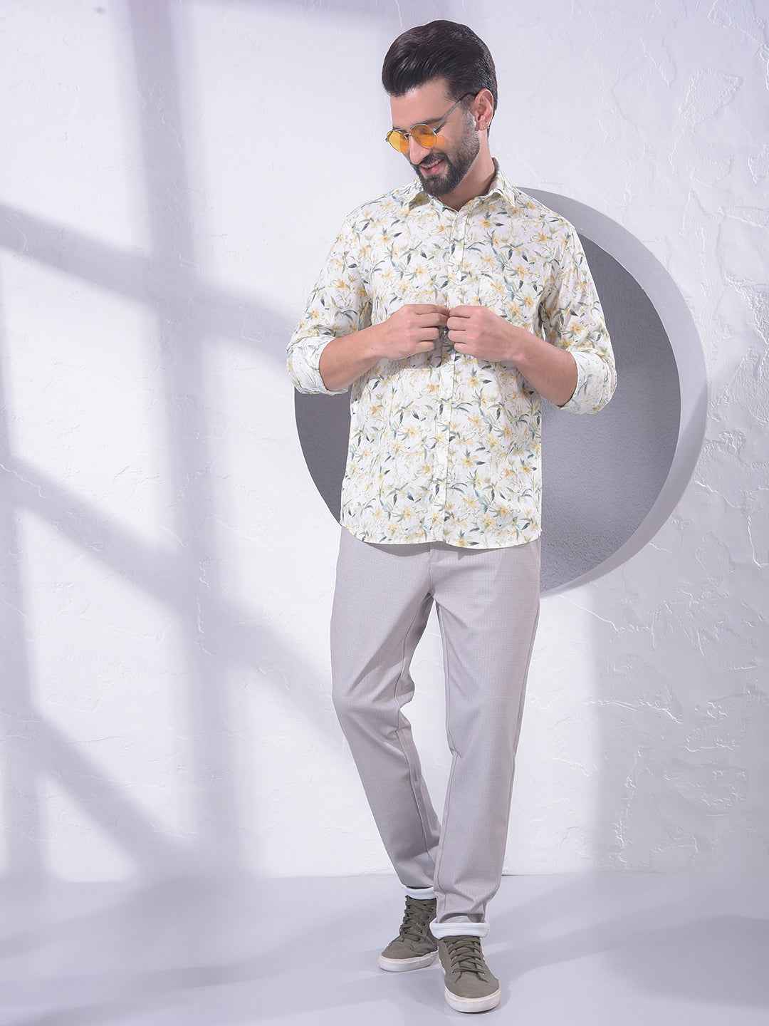 Green Floral Print Linen Shirt