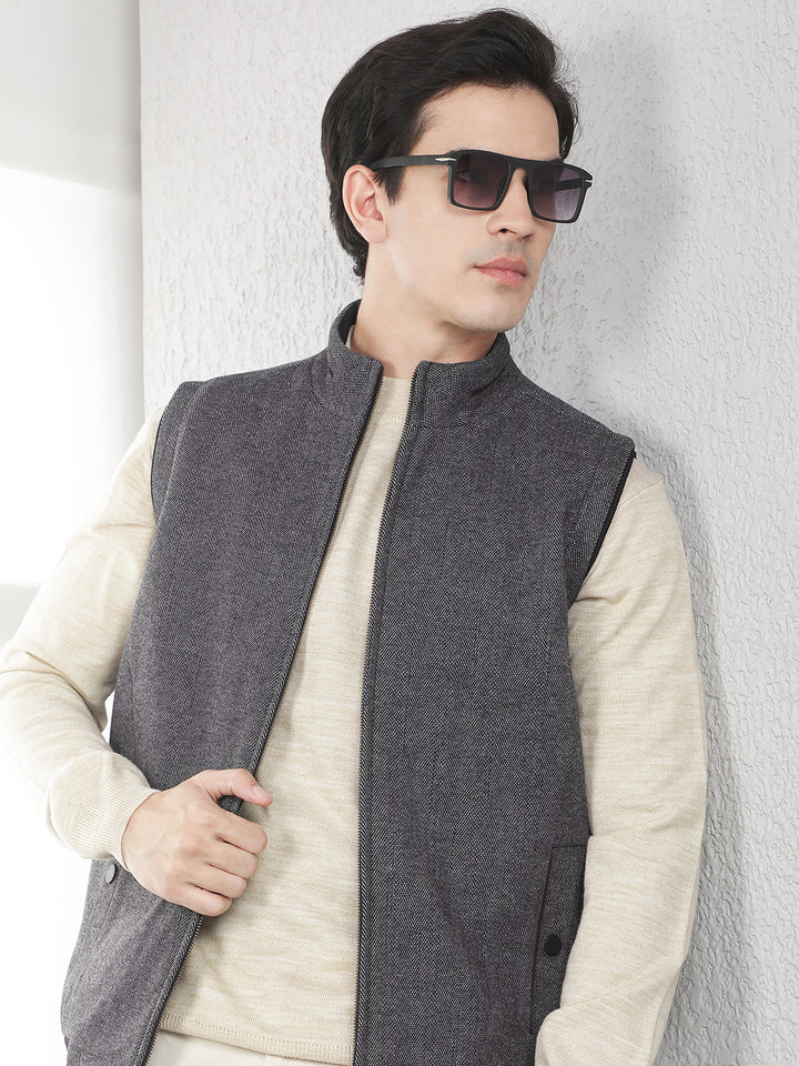 Black Checked High Neck Sleeveless Jacket