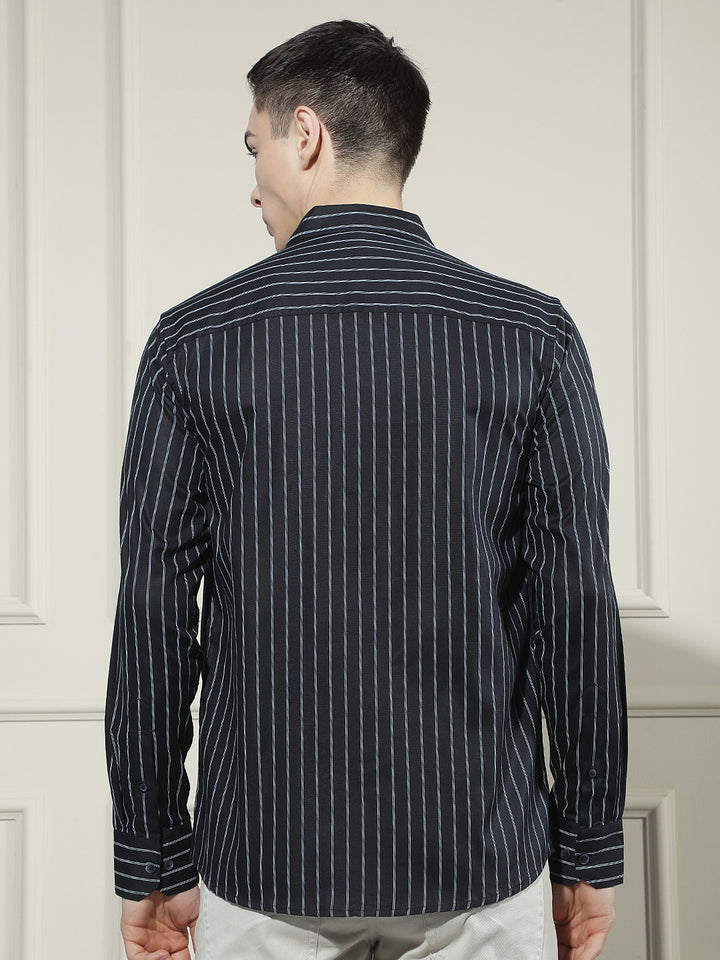 Navy Blue Vertical Striped Shirt