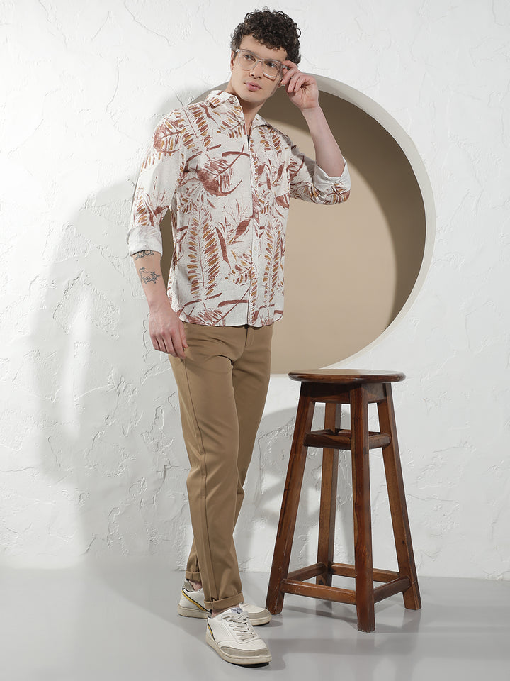 Red Botanical Print Linen Shirt