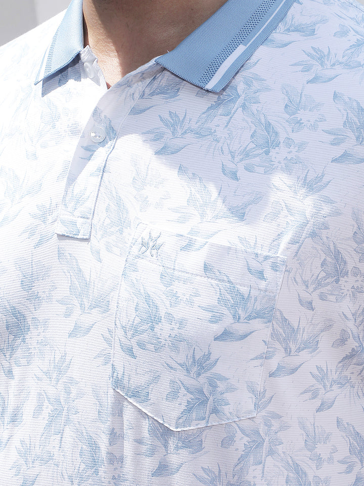 Blue Floral Print Polo Neck T-Shirt