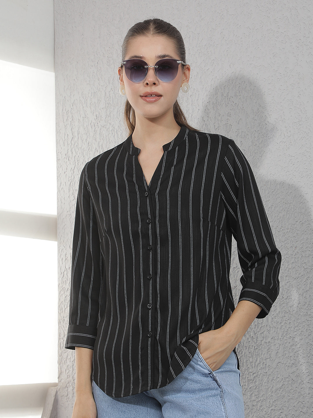 Black Vertical Stripes V-Neck Shirt