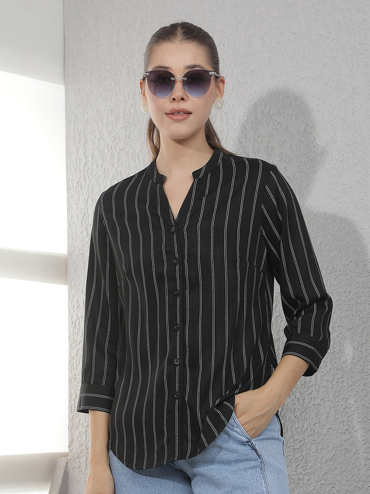 Black Vertical Stripes V-Neck Shirt