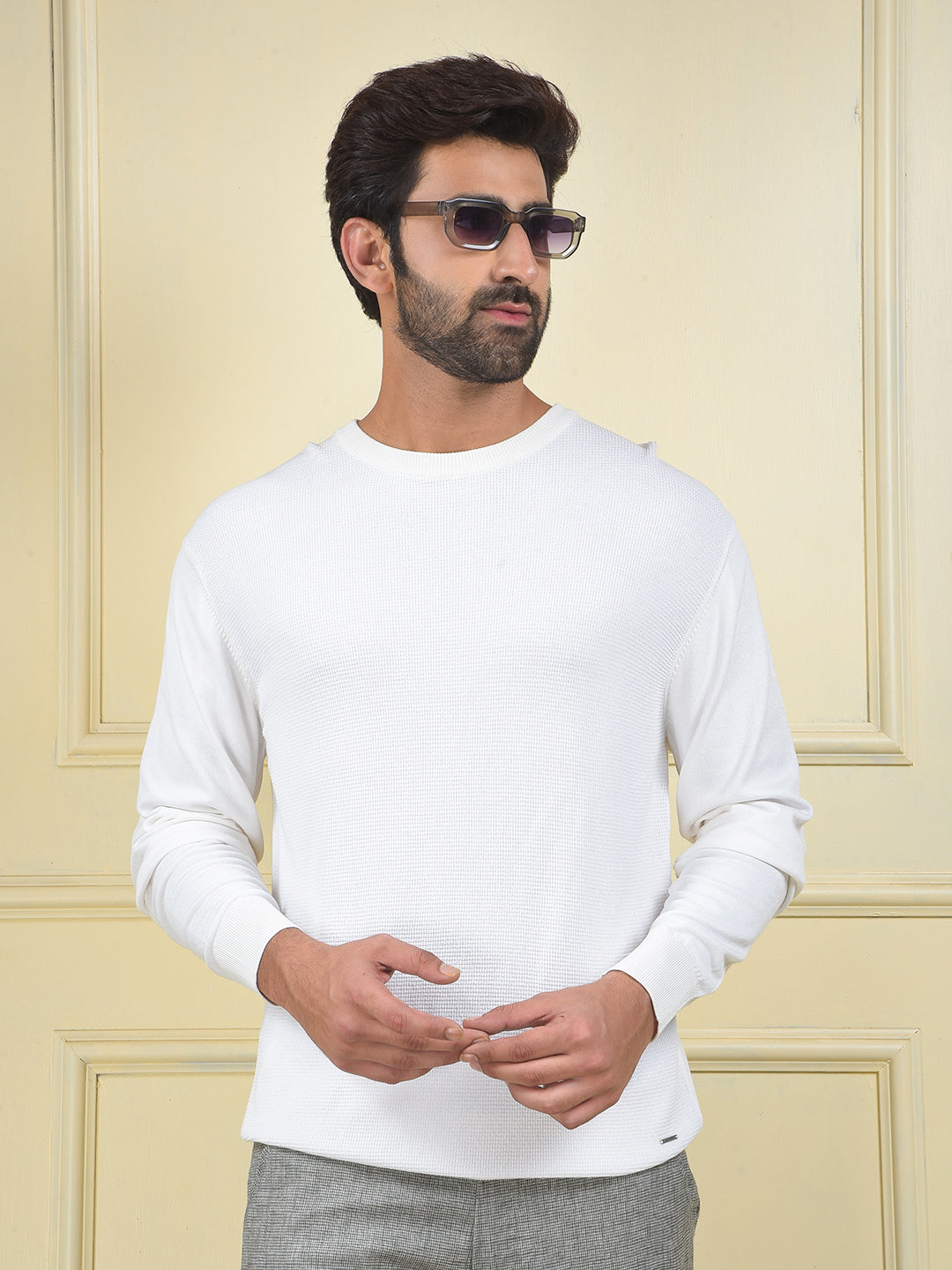 Slim Fit White Jacquard Sweater