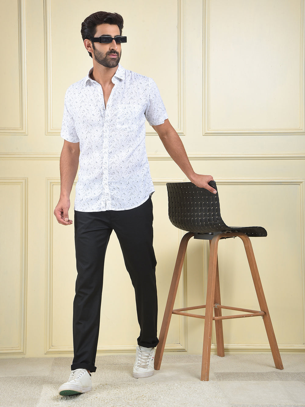 White Floral Print Linen Shirt