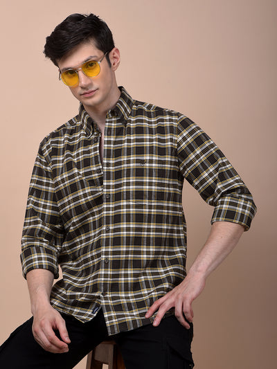 Olive Checked Button-Down Collar 100% Cotton Shirt