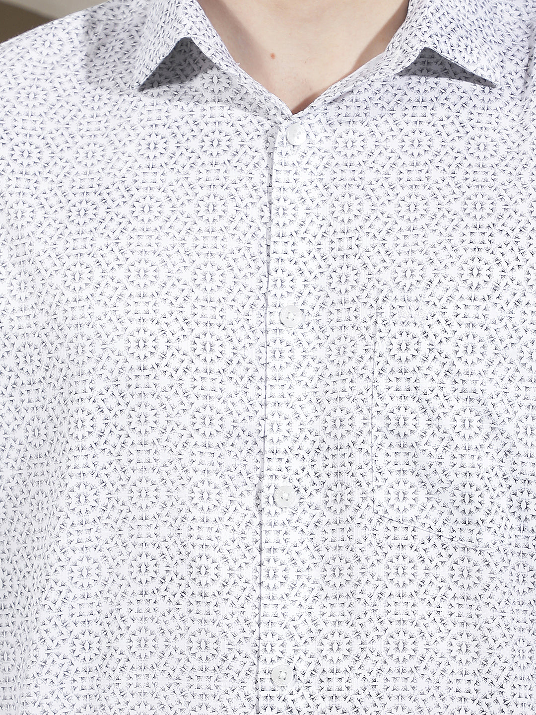 White Geometric Print 100% Cotton Shirt