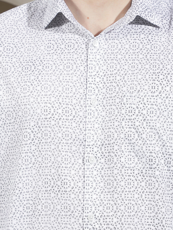 White Geometric Print 100% Cotton Shirt
