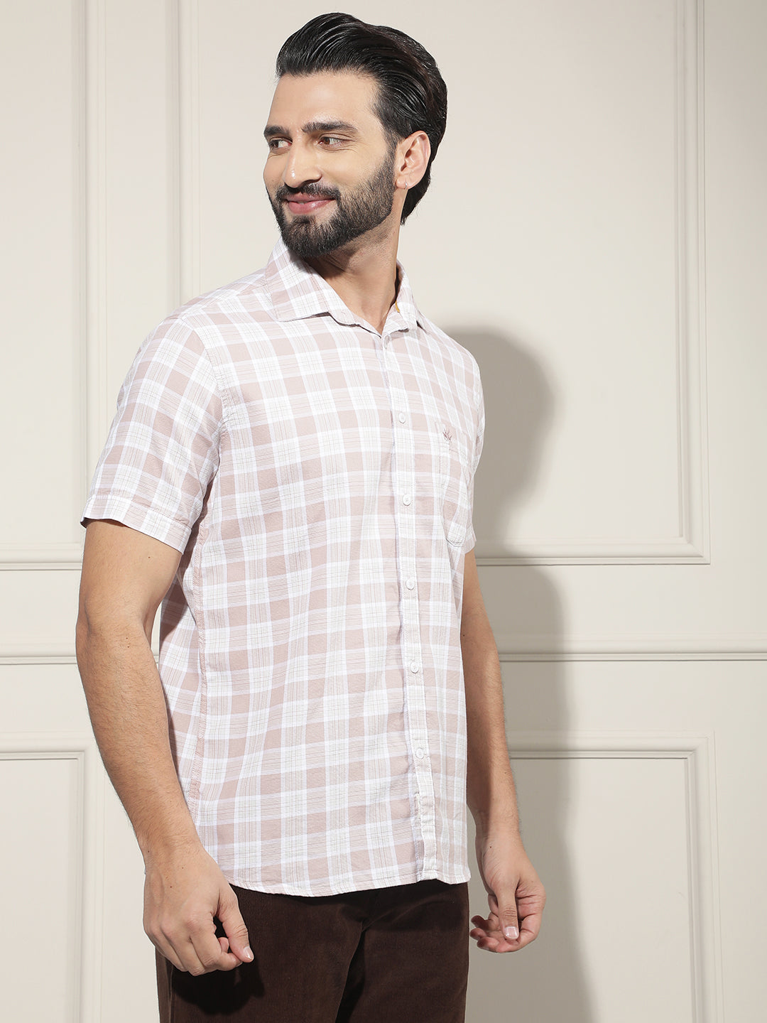 Peach Checked 100% Cotton Shirt