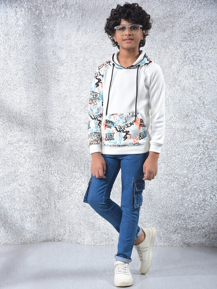 White Printed Hooded Neck Sweatshirt
