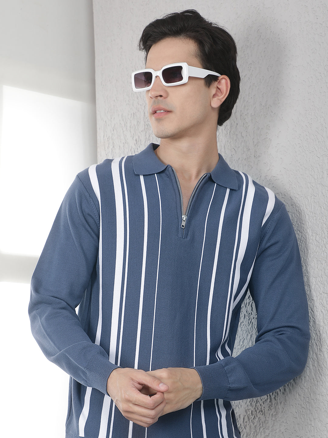 Blue Vertical Striped Polo Neck 100% cotton Sweater
