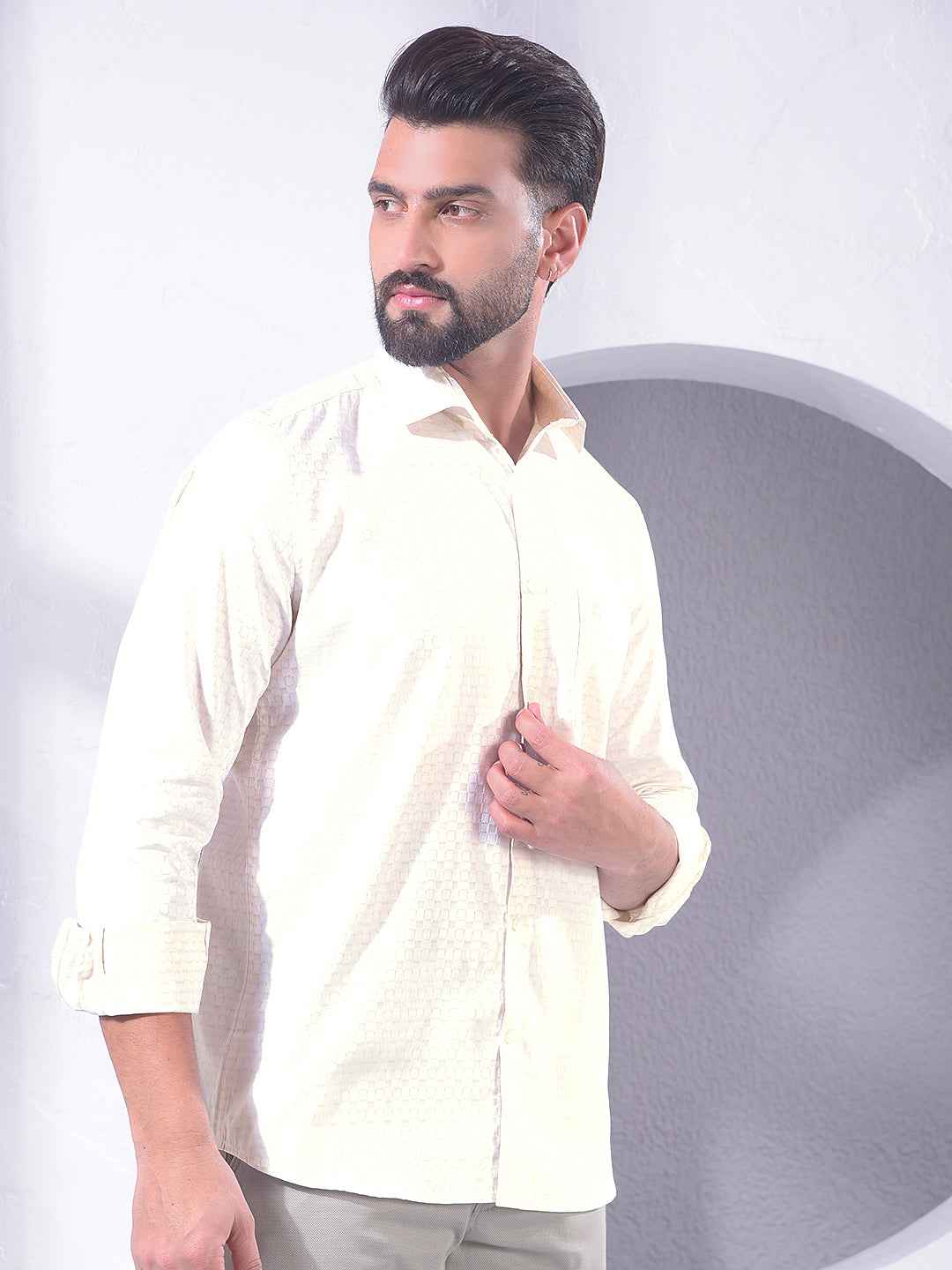 Beige Geometric Print 100% Cotton Shirt